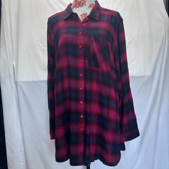 Torrid Pink Red Navy Plaid Flannel Button Up Long Sleeve Size 2X Curved Hem - Picture 1 of 8